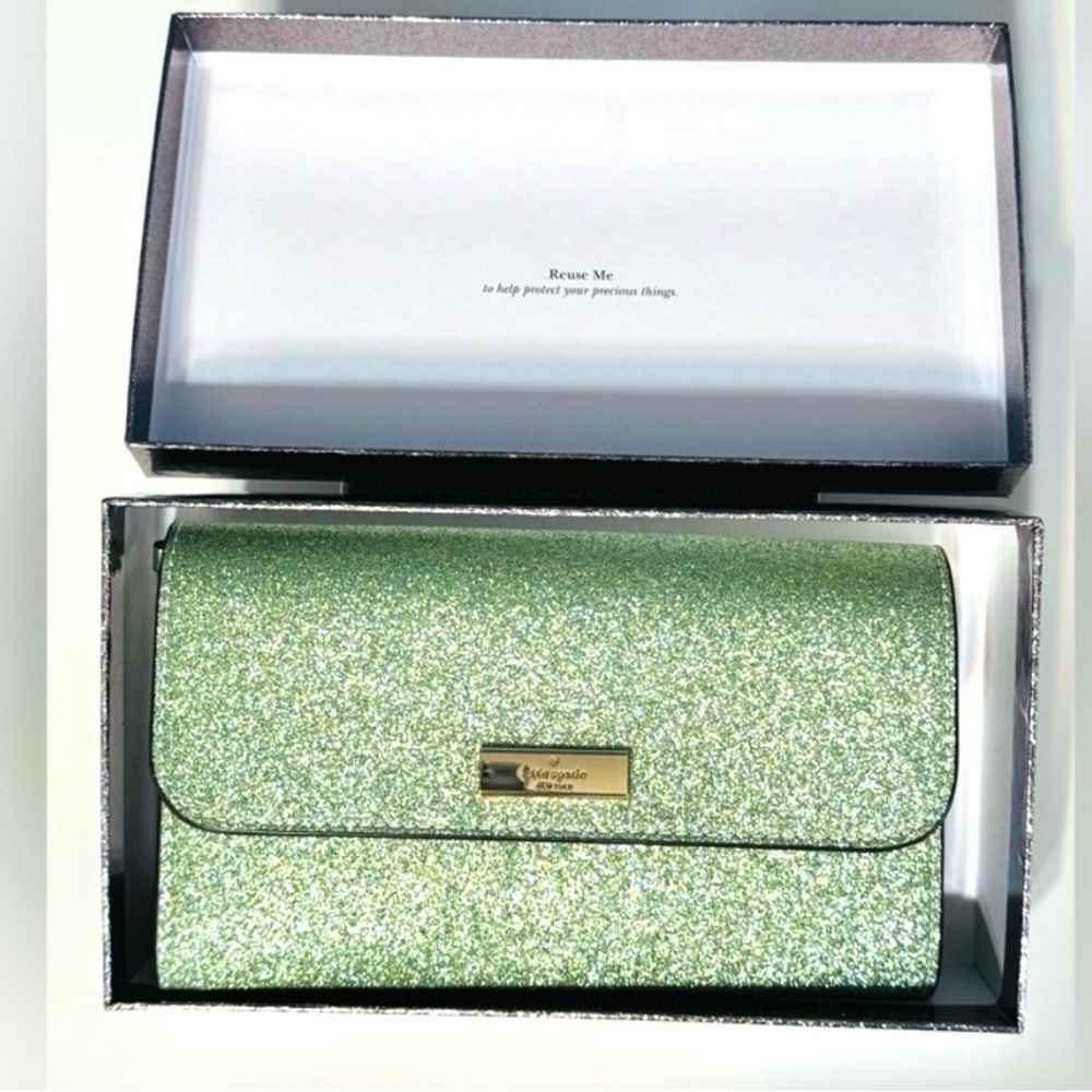 Kate Spade mint Glitter Kenzie medium flap Clutch with wristlet strap NEW IN BOX